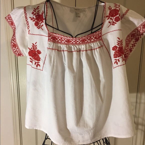 FOREVER21 White with red embroidered accent top - Picture 1 of 8